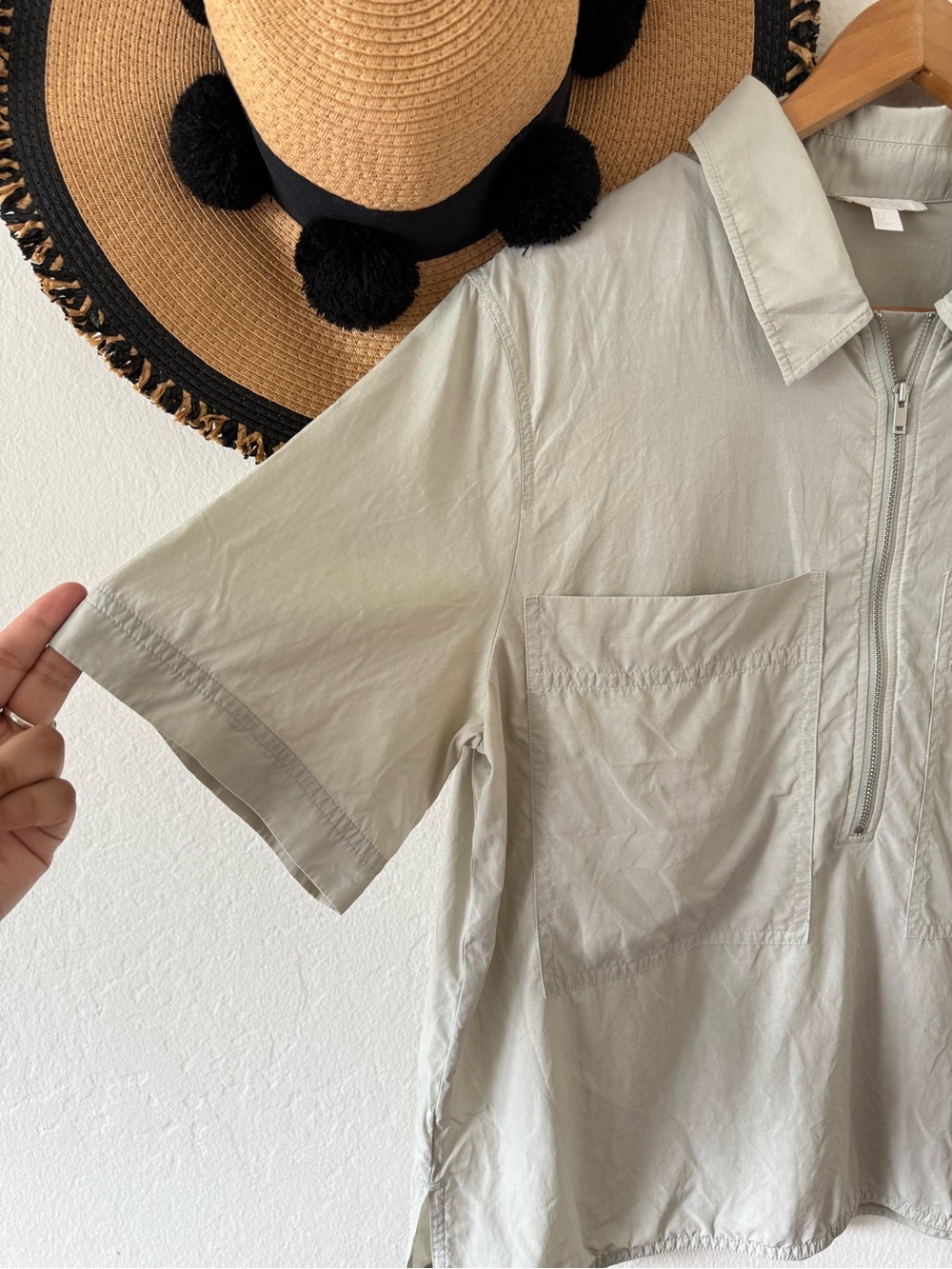 COS Sage Green Gray Half Zip Collared Short Sleeve Top Size 10 Utility Shirt - Picture 7 of 11